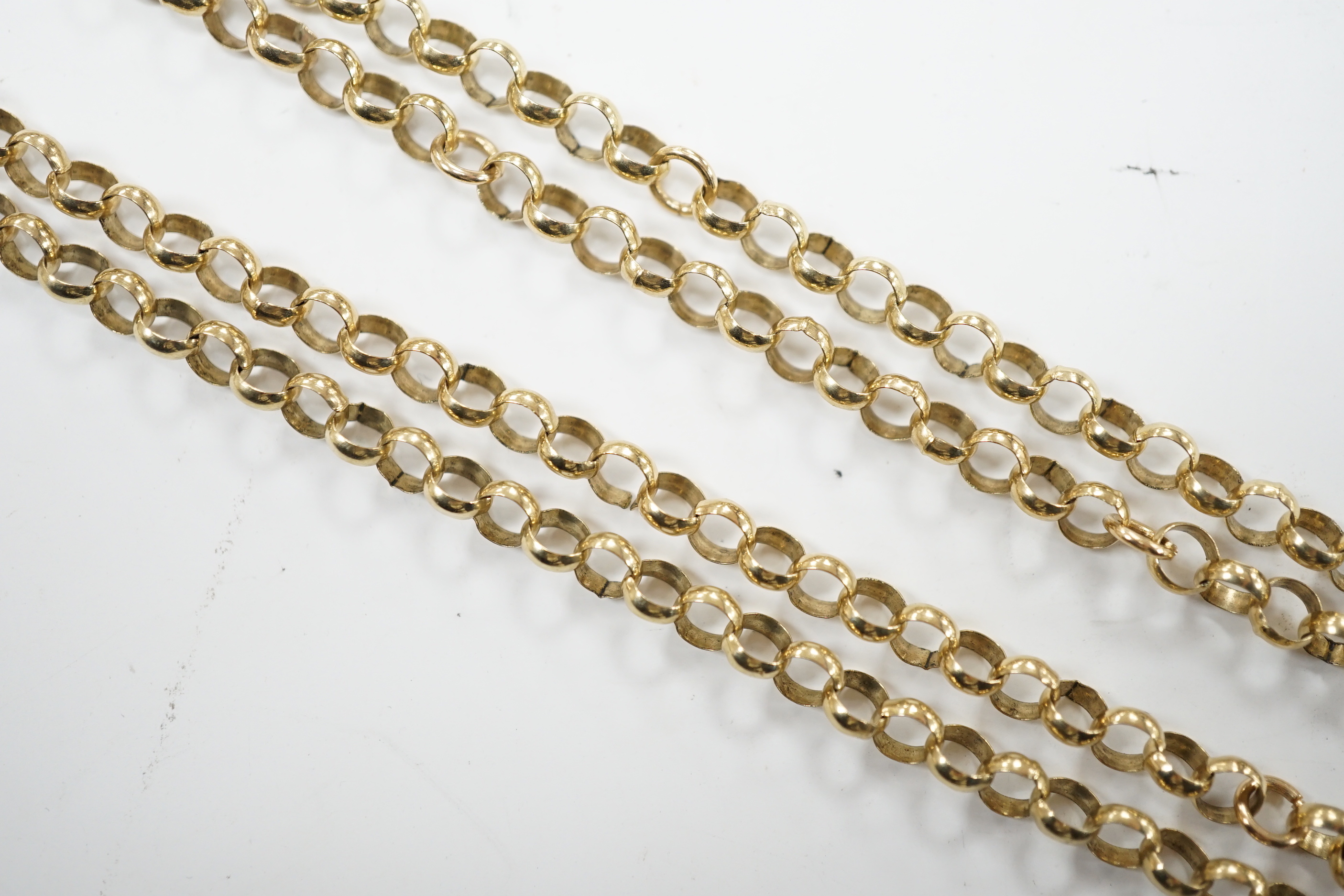 A 9ct gold guard chain (a.f.), 158cm, 36.1 grams.
